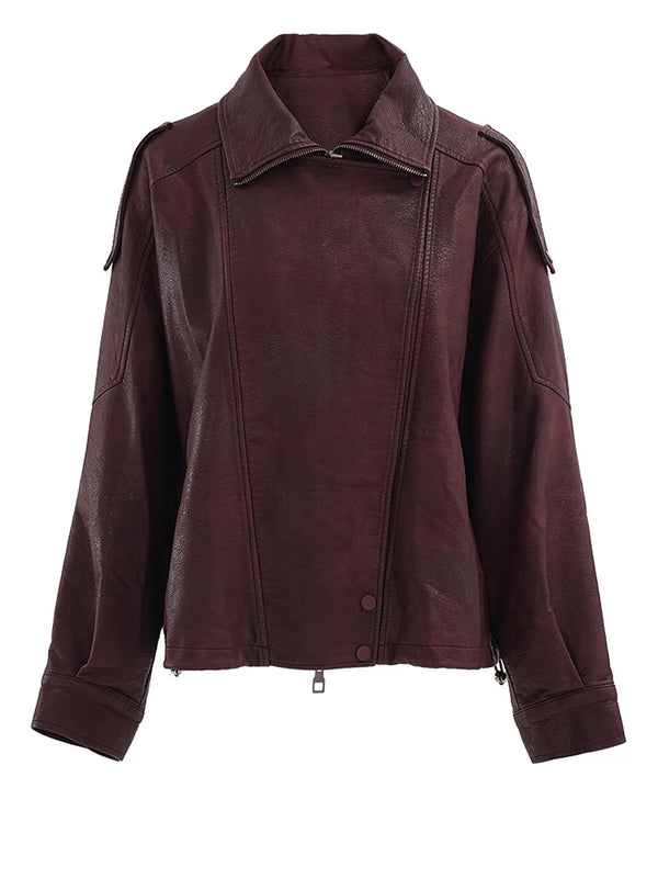 Long Sleeve PU Leather Jacket In Wine Red