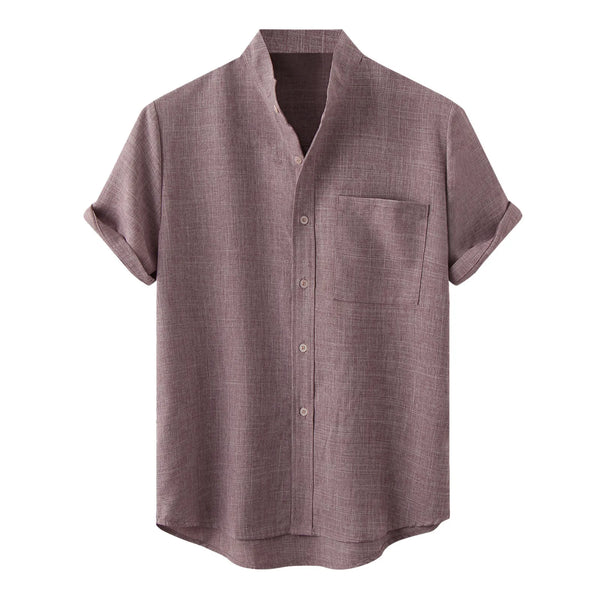 Short Sleeve Stand Collar Linen Blend Shirt