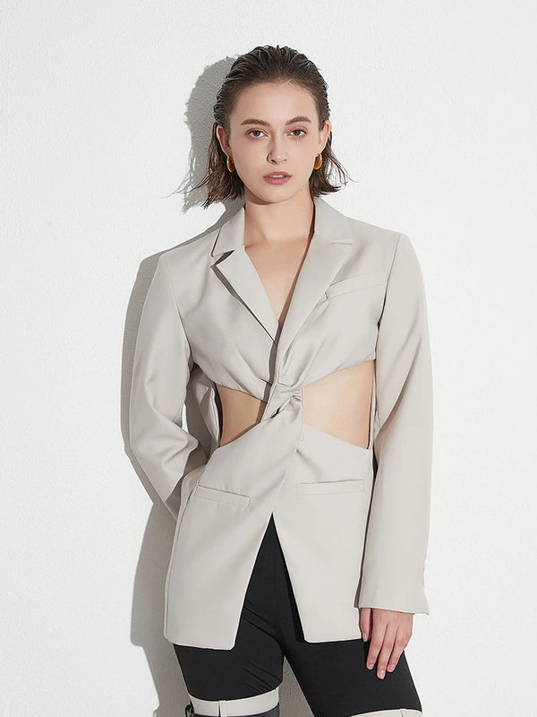 Long Sleeve Spliced Pockets Hollow Out Twist Front Chic Blazer