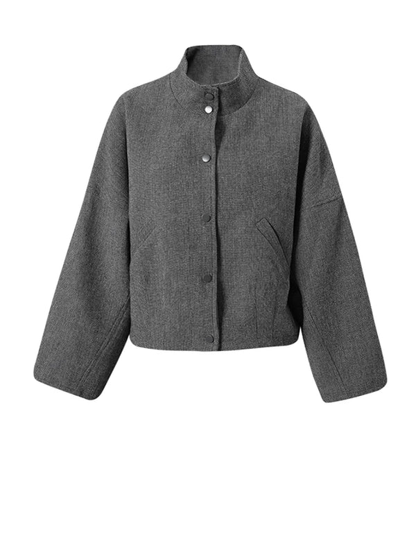 Oversized High Neck Wool Jacket with Button Front in Gray