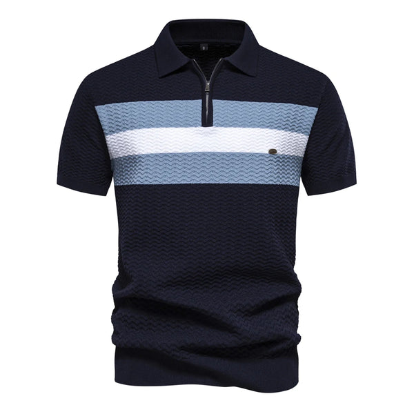 Textured Knit Ribbed Short Sleeve Polo Shirt
