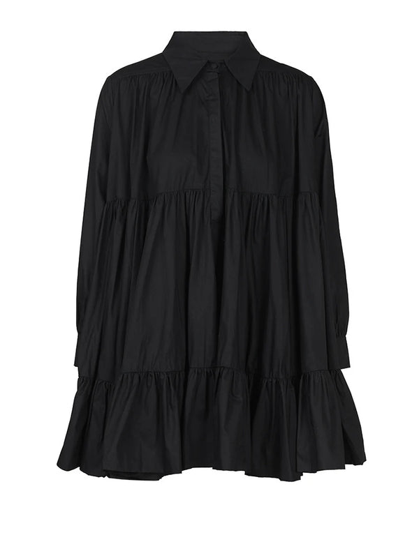 Long Sleeve Pleated Oversized Shirt Mini Dress in Black