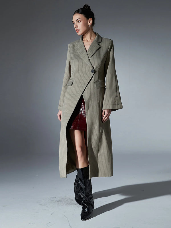 Long Sleeve Spliced Button Striped Coat Trench