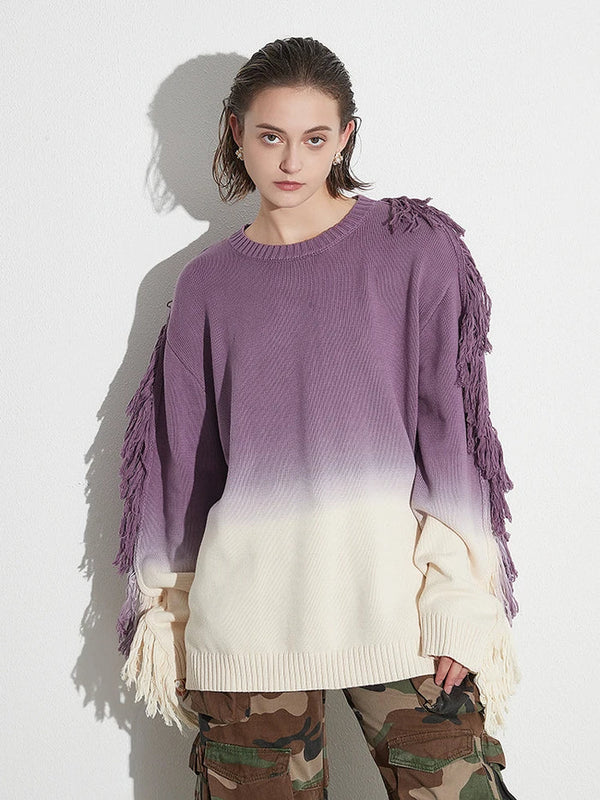 Gradient Spliced Tassel Round Neck Long Sleeve Loose Sweater