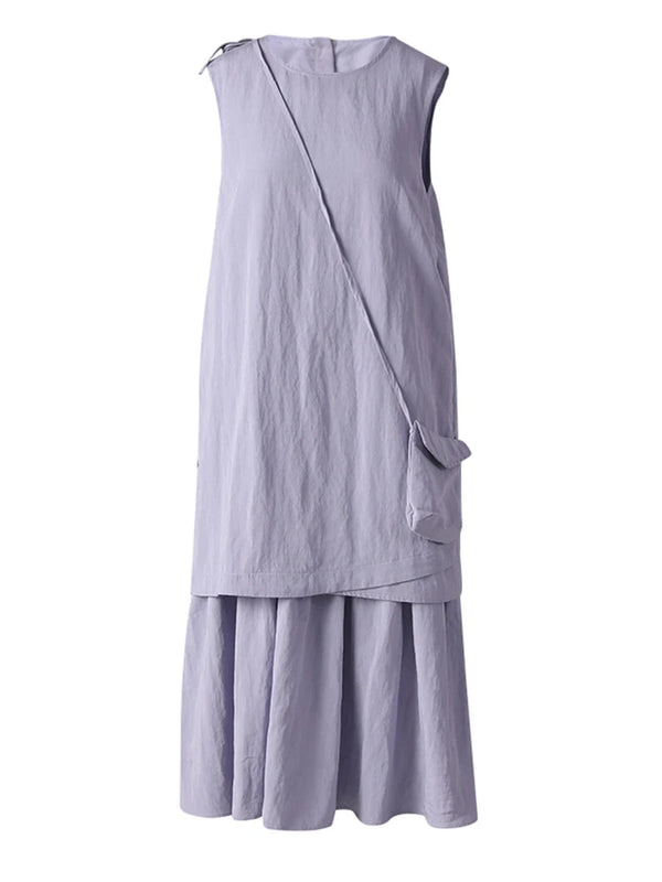 Round Neck Sleeveless Irregular Spliced Midi Dress In Light Purple