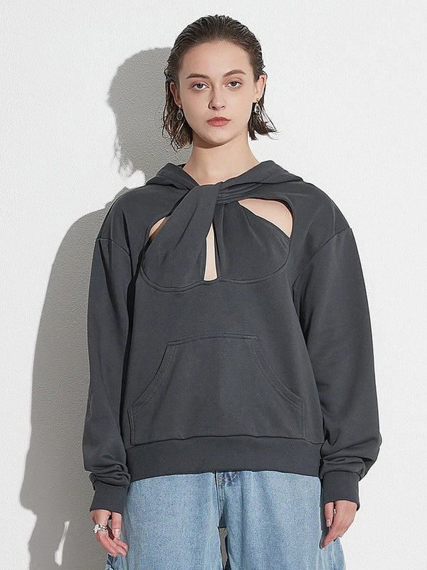 Hollow Out Long Sleeve Loose Sweatshirt In Gray