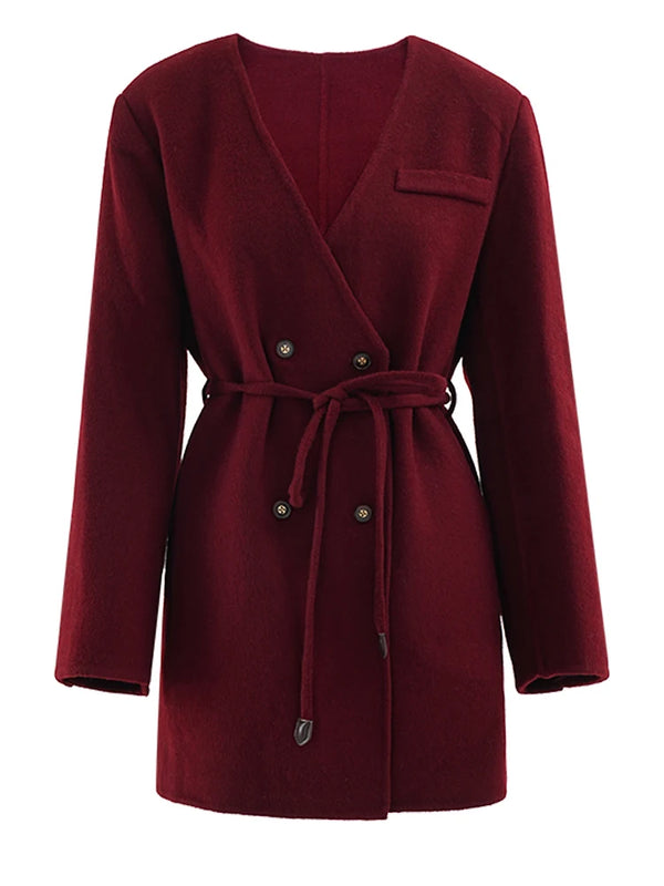 V-neck Long Sleeve Belted Woolen Coat In Red