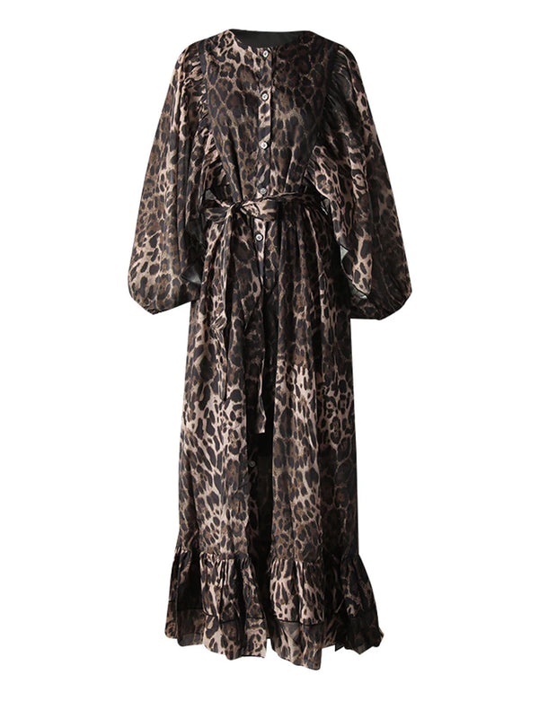 Belted Blouson Sleeve Oversized Maxi Dress in Leopard Print