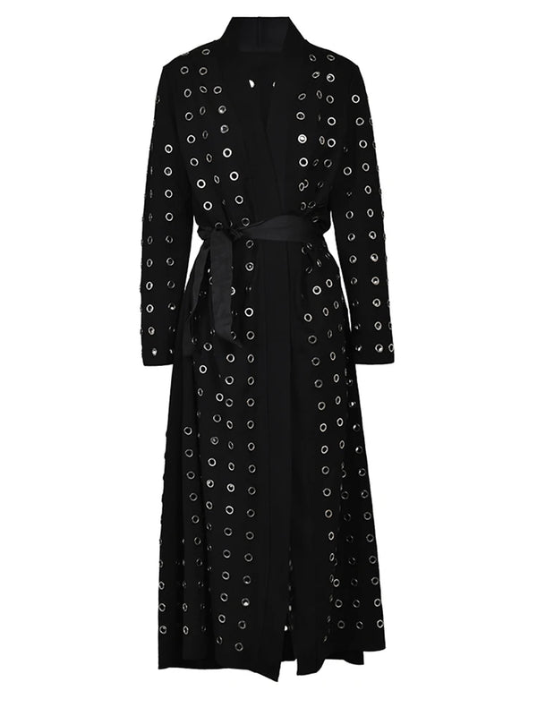 Hollow Out Belted Maxi Cardigan in Black
