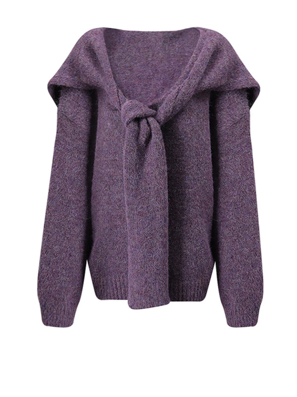 Oversized V-Neck Knit Sweater with Scarf in Purple