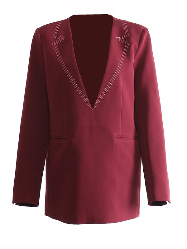 V-neck Long Sleeve Big Size Blazer In Red