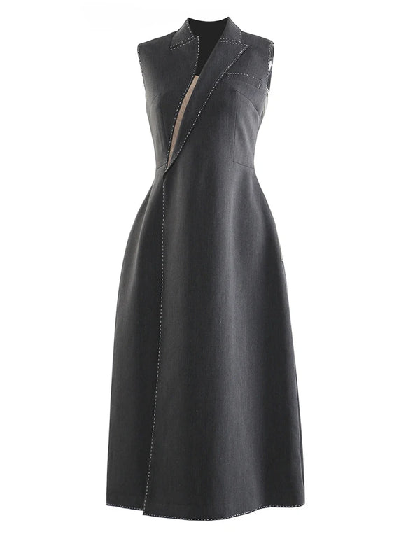 Sleeveless Contrast Stitched Shaped Maxi Dress in Gray