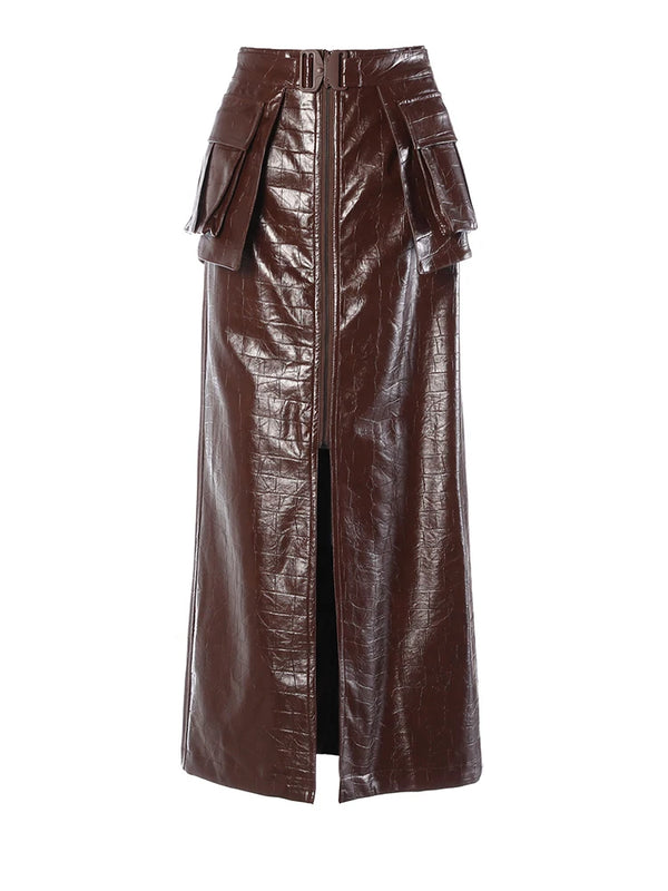 High Waisted PU Zip Front Midi Skirt