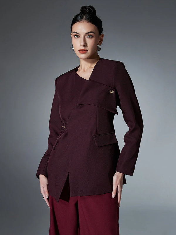 V Neck Long Sleeve Blazer In Burgundy