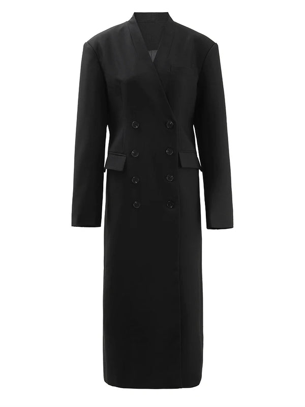 Double Breasted V-neck Long Sleeve Trench Coat In Black