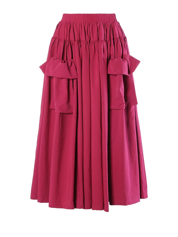 Pocket Detail Pleated Midi Skirt with Elasticized Waist