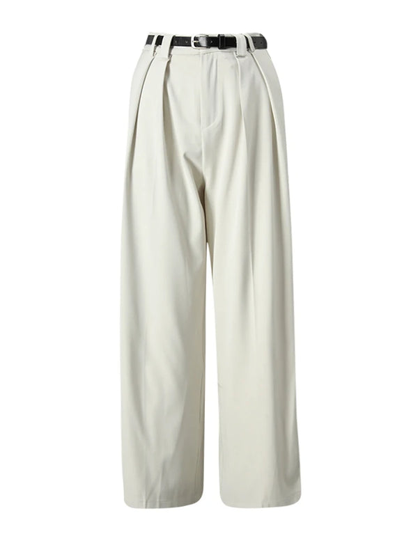 High Waist Belted Wide Leg Pants with Pleat Detail in Beige