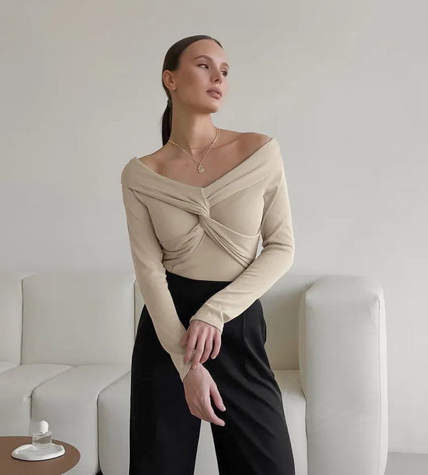 Casual O Neck Long Sleeve Pleated Knitted T-Shirt