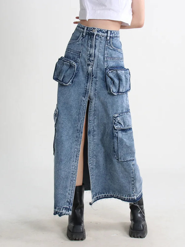 High Waist Pocket Split Denim Skirt