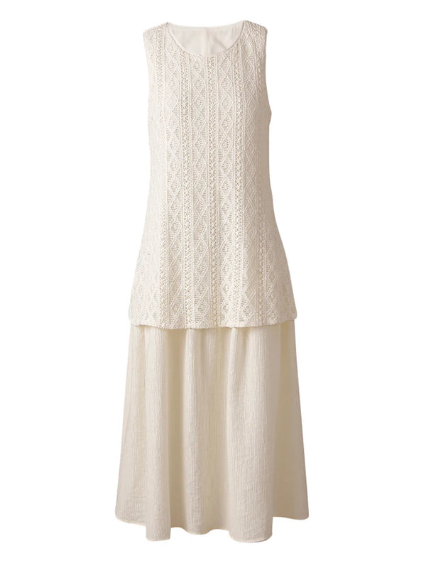 Round Neck Sleeveless Knitting Spliced Midi Dress In Beige