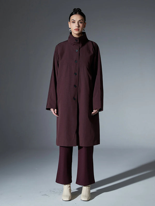 Stand Collar Long Sleeve Single Breasted Trench Coat In Wine