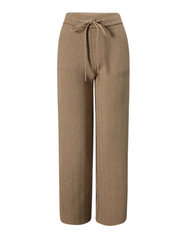 Knit Wide Leg Pants with Tie Waist in Coffee