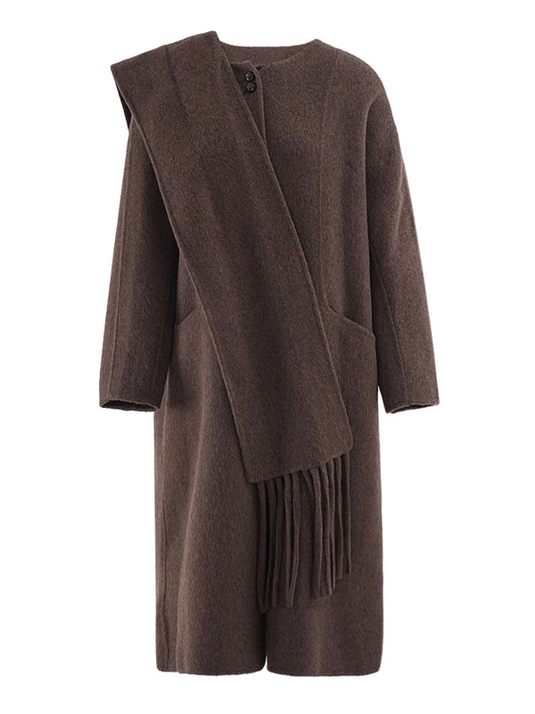 O-neck Long Sleeve Thick With Scarf Woolen Coat In Brown