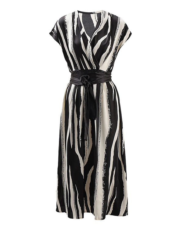 V-Neck Sleeveless Belted Midi Dress in Zebra Print
