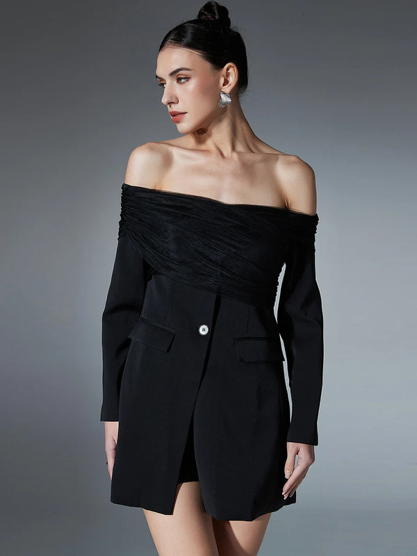 Mesh Off Shoulder Long Sleeve Single Breasted Blazer In Black