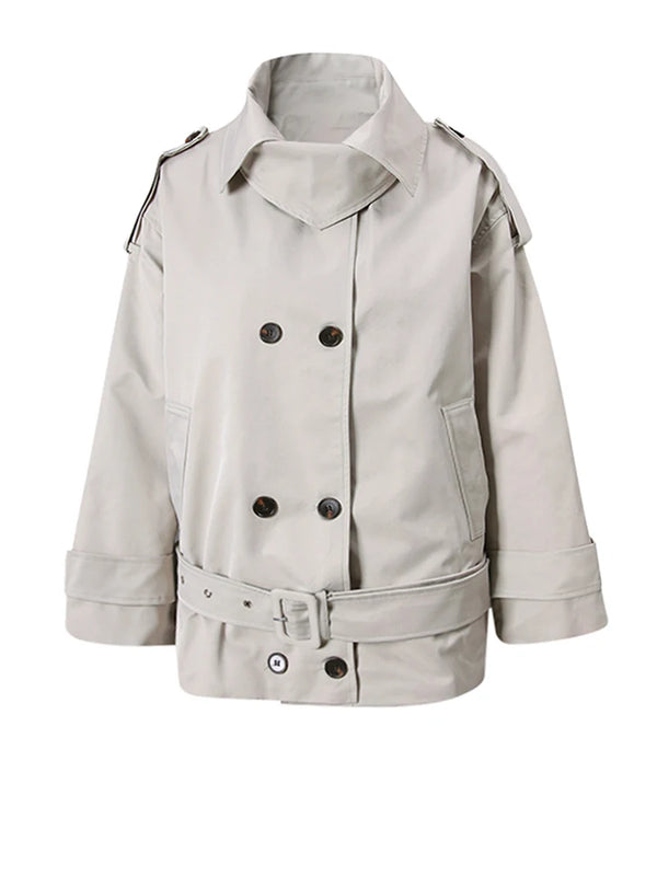 Belted Oversized Windbreaker Short Trench Coat in Light Gray