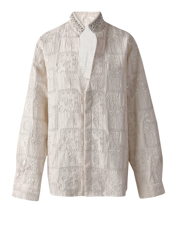 Stand Collar Long Sleeve Embroidery Linen Pearl Oversized Shirt In Khaki