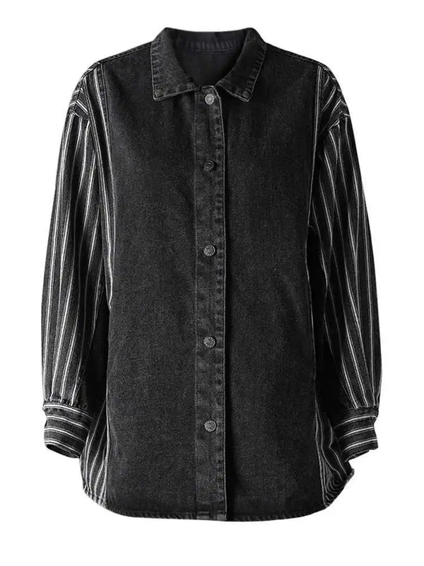 Striped Oversized Long Sleeve Denim Shirt In Black