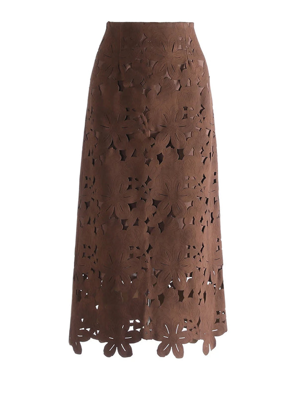 High Waist Hollow Out Suede Midi Skirt