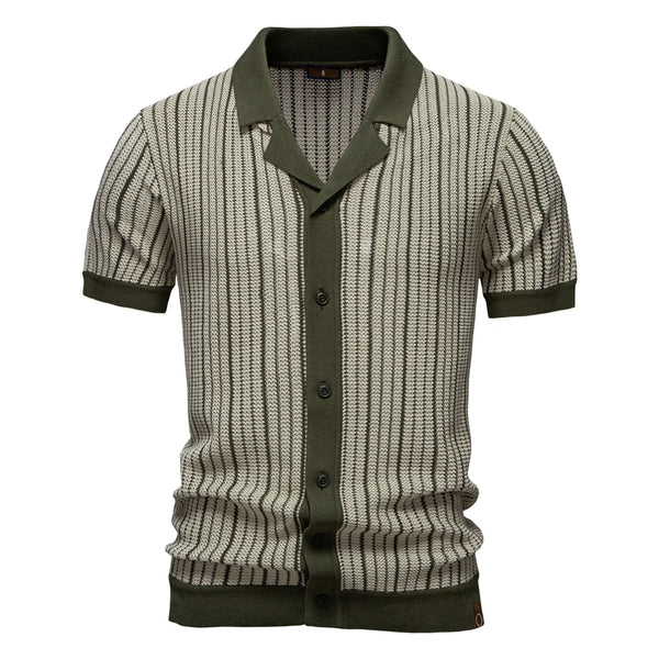 Knit Button Down Turn-Down Collar Striped Mesh Polo Shirt