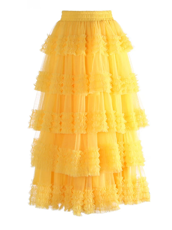 High Elastic Waist Mesh Layered Midi Skirt