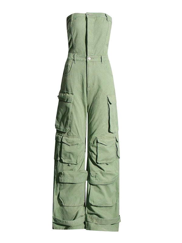 Denim Strapless Wide Leg Jumpsuit with Patch Pockets in Green