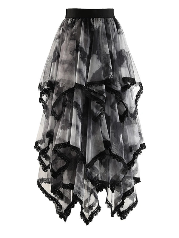 Mesh Midi Skirt with Asymmetric Lace Trim Hem