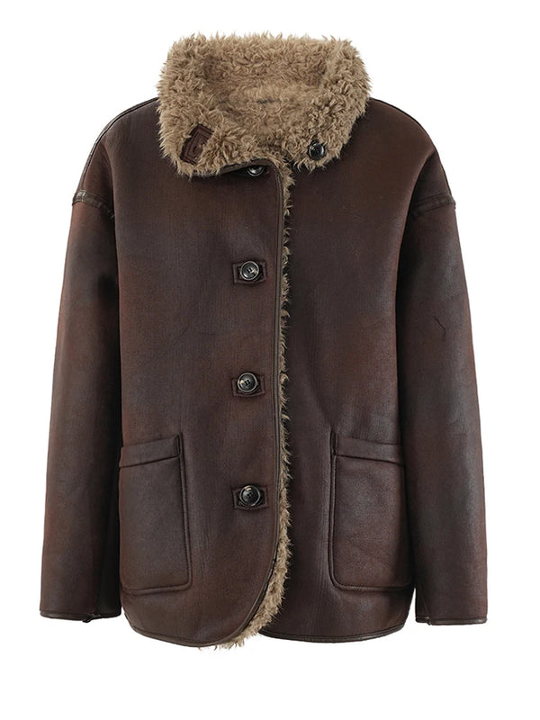 Long Sleeve Leather Faux Lambswool Jacket In Brown