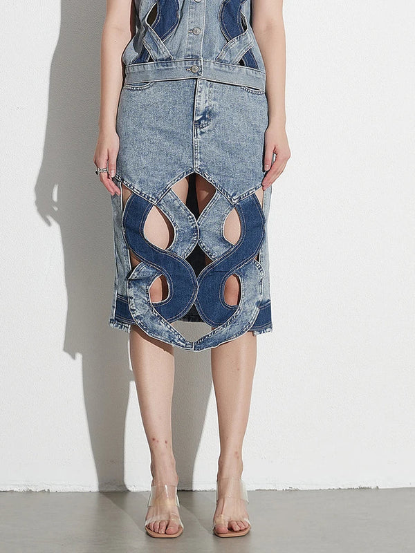 Denim Hollow Out High Waist Midi Skirt