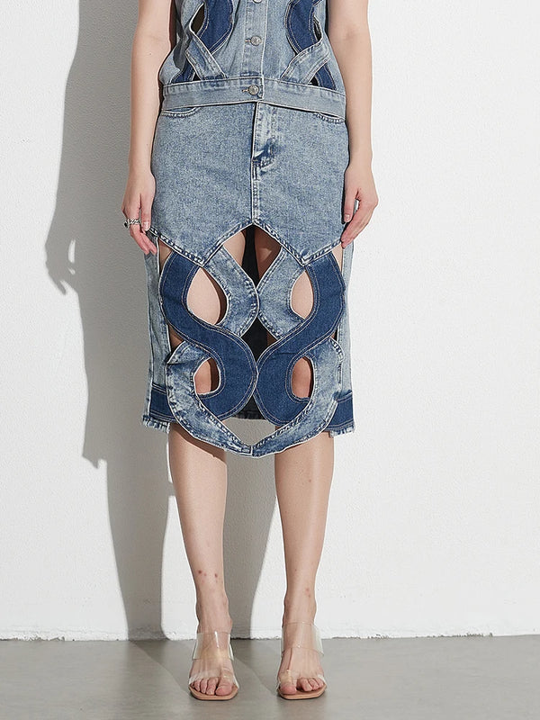 High Waist Hollow Out Casual Denim Skirt