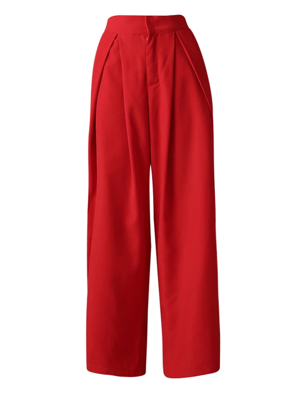 High Waist Pleated Long Wide Leg Trousers In Red