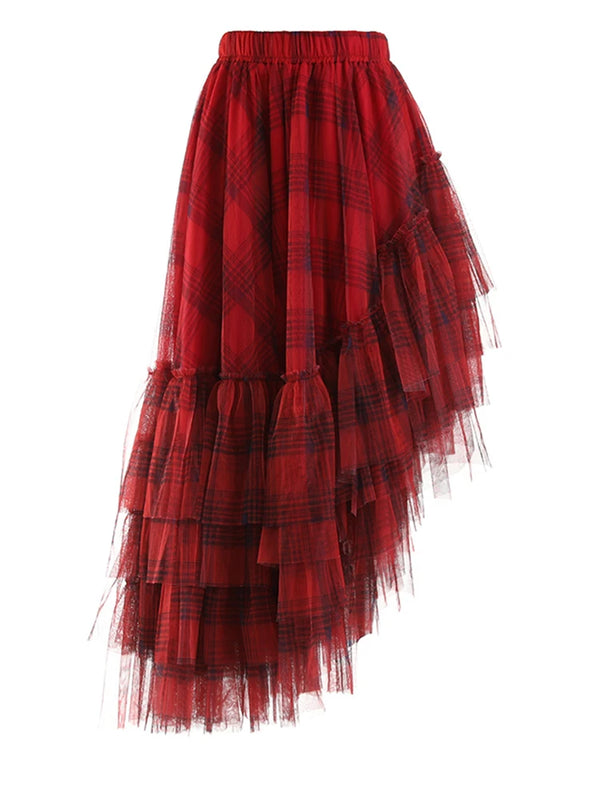Mesh Asymmetric Midi Skirt in Plaid