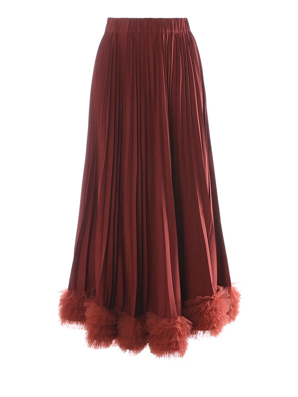 High Elastic Waist Mesh Pleated A-Line Midi Skirt