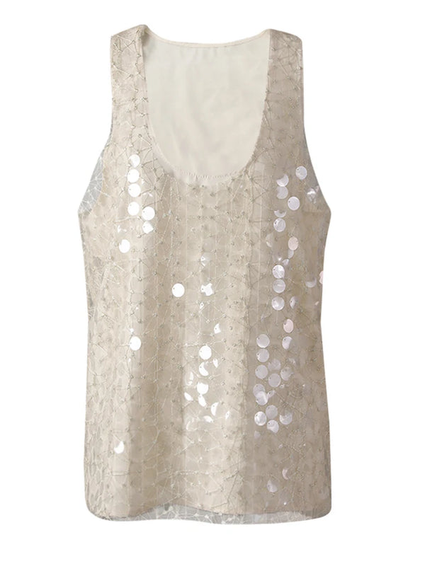 Round Neck Sleeveless Sequin Tank Top In Apricot