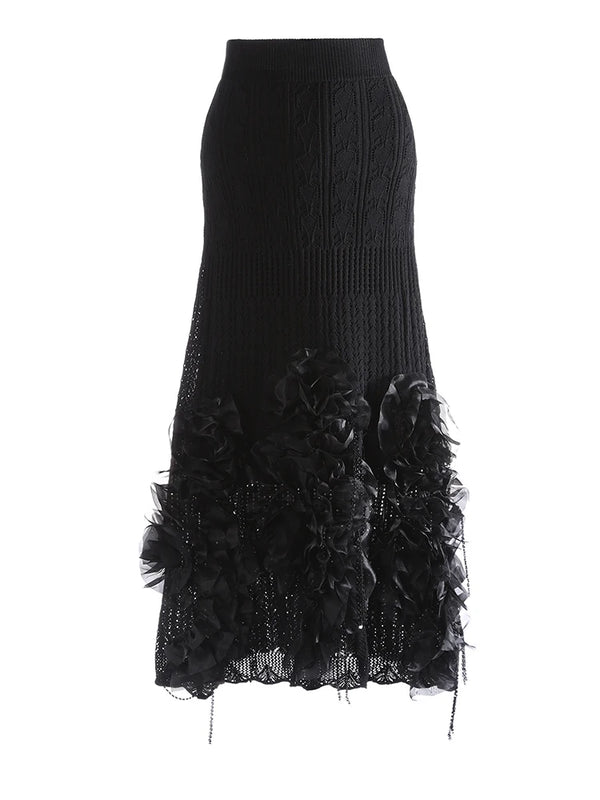 High Elastic Waist Knitting Midi Skirt in Black