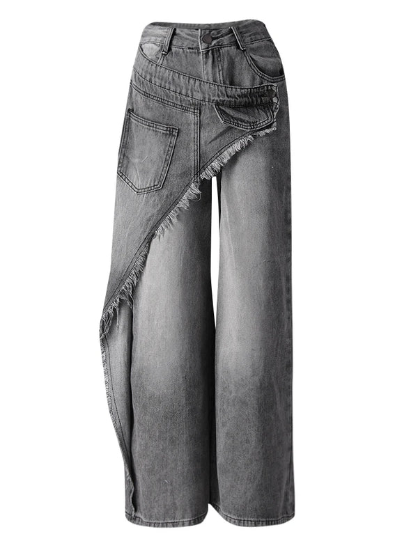 High Waist Irregular Wide Leg Jeans In Light Gray
