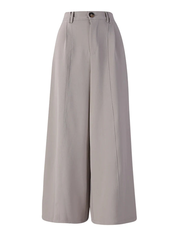 High Elastic Waist Pleated Long Wide Leg Trousers In Gray
