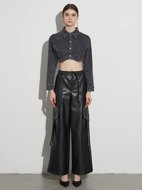 Casual Loose Leather High Waist Patchwork Pockets Wide Leg Pant