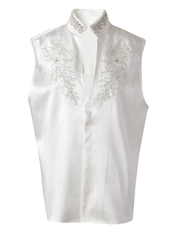 Rhinestones Embroidery V-collar Sleeveless Oversized Vest In White