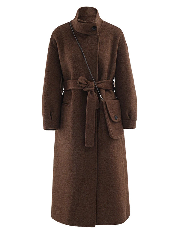 Sand Collar Long Sleeve Thick Woolen Coat In Brown